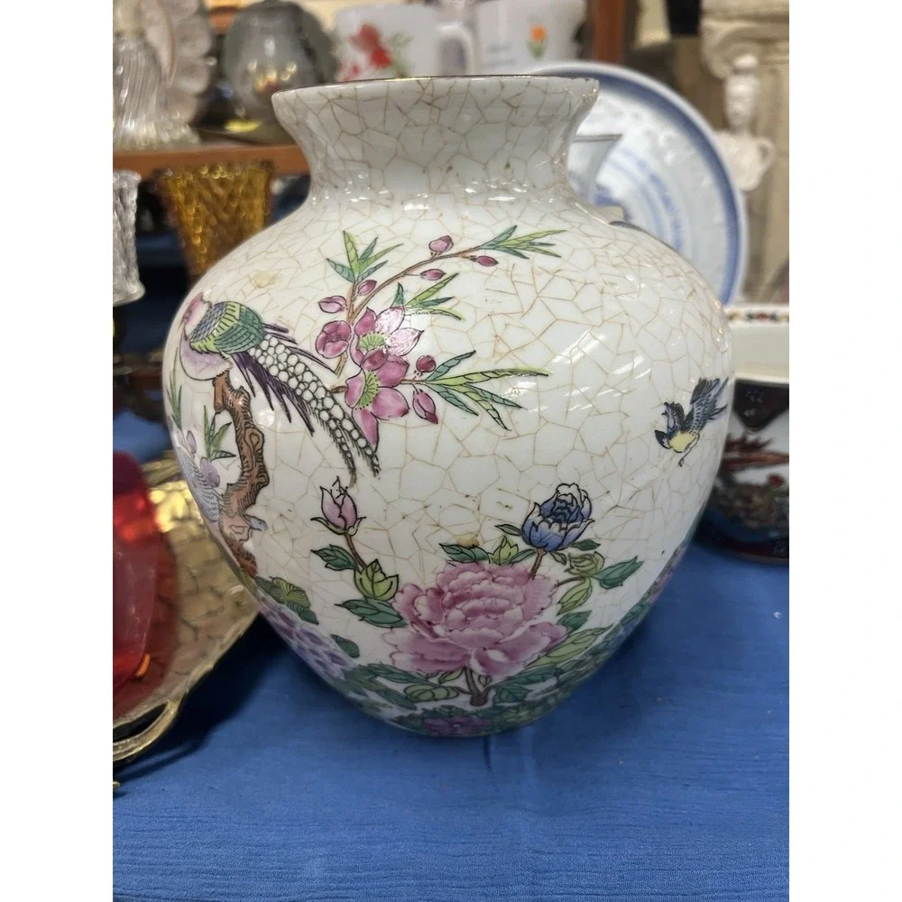 Ginger Jar Vase Floral Pheasant Design Crackled Glaze Porcelain 8.5